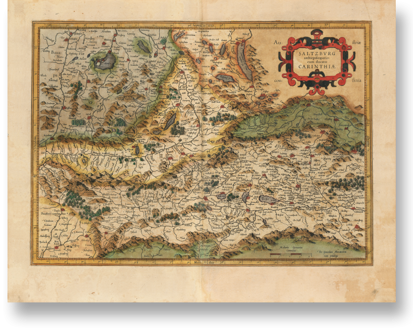 Fol. 113v/114r, Karte Y der ersten Lieferung 1585: Im Mittelpunkt die Region Salzburg und Kärnten. Die Gebirgszügen sind in typischer Maulwurfshügelmanier gehalten; Titel in Rollwerkkartusche.