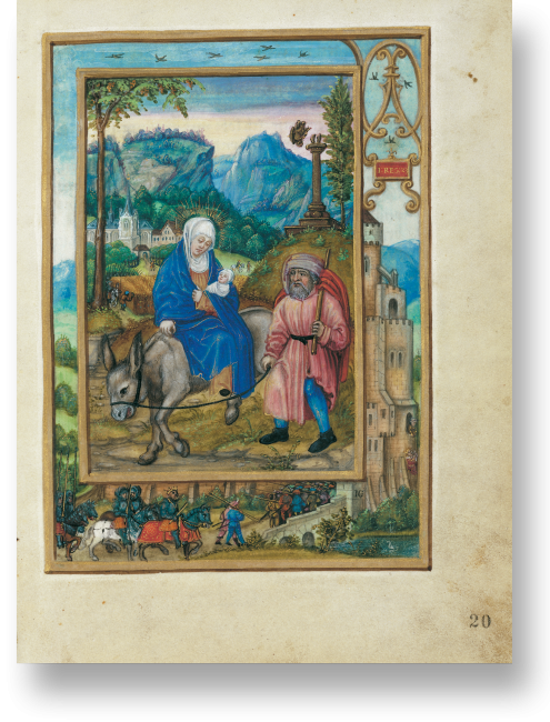 Fol. 20r: Josefs und Marias Flucht nach Ägypten. Im Rahmen findet die typologisch entsprechende Handlung Platz: David, ganz rechts außen, auf der Flucht vor den Häschern König Sauls.