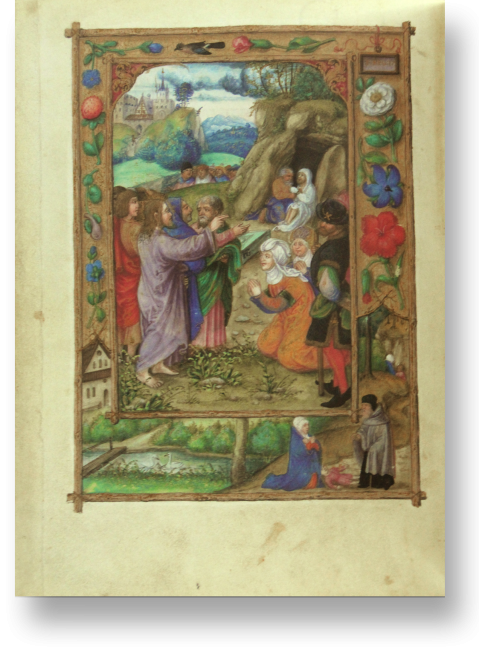 Fol. 27v: Die Auferweckung des Lazarus. Im Rahmen: die Erweckung des Sohns der Witwe von Sarepta durch Elias
