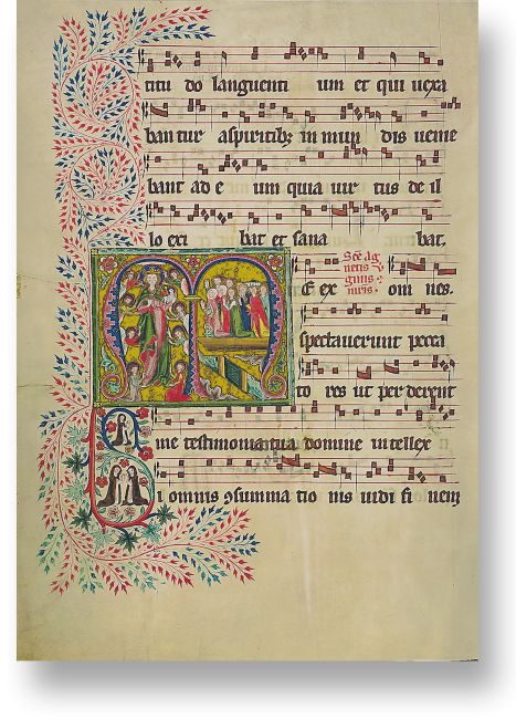 Fol. 163v: Initiale M[e expectaverunt]. Die heilige Agnes erscheint ihren Freunden.