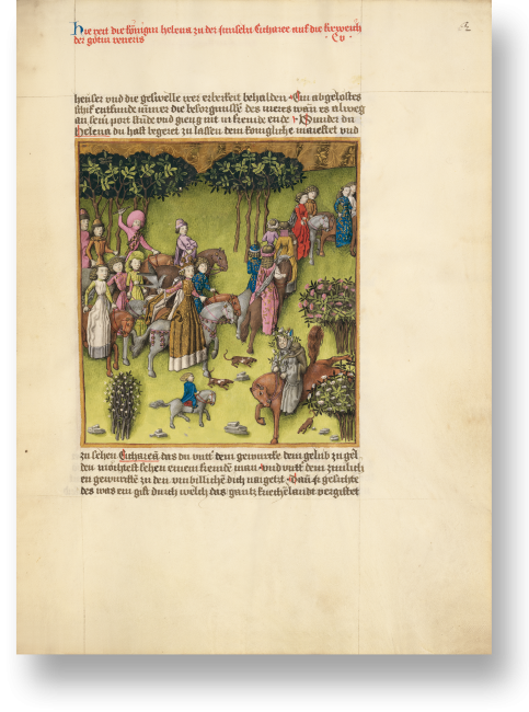 Folio 62r zeigt die prächtig geklei­dete Königin Helena mit ihrer Gefolgschaft auf dem Weg nach Kythera.