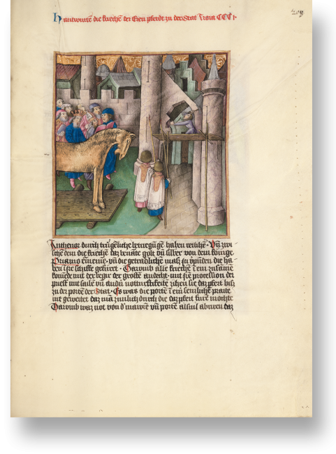 Fol. 208r zeigt eine der berühm­testen Szenen aus dem Troja-Roman, das trojanische Pferd. In einer von zwei fackeltragenden Messdienern angeführten Prozes­sion von Priestern wird das eherne Pferd von den Griechen zum Stadttor gebracht.