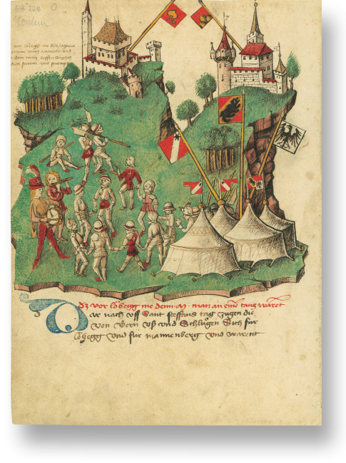 p. 224: Im Krieg gegen den Grafen von Greyerz 1349 belagerten die Berner die Burg Laubegg. Dabei sollen tausend bewaffnete Männer getanzt haben. Vom Tanz weg stürmten sie die Burg.