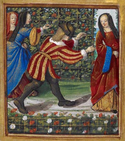 A man playing blind man’s bluff with three women, from Pierre Sala's Little Book of Love, Stowe MS 955, fol. 7r