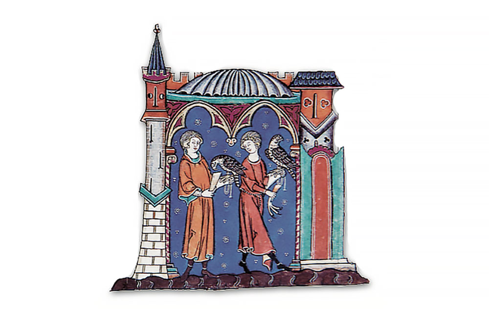 F. 149v. Two falconers feeding the birds.