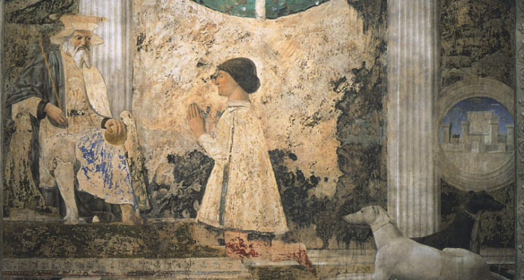 Piero della Francesca, Sigismondo Pandolfo Malatesta Praying in Front of St. Sigismund (1451) - Fresco, Tempio Malatestiano, Rimini